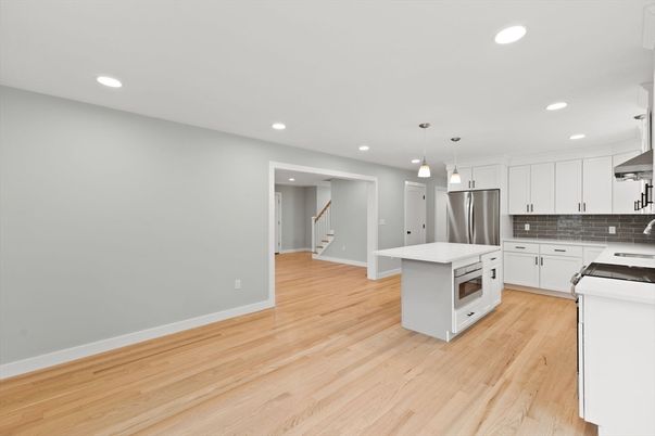 Interior, Kitchen, Pendant Lights, Recessed Lighting, Stainless Steel Appliances, Wood Texture Flooring