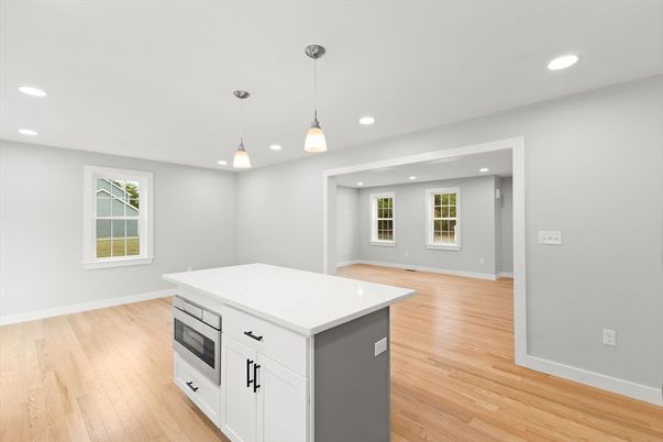 Empty room, Interior, Kitchen, Pendant Lights, Recessed Lighting, Wood Texture Flooring