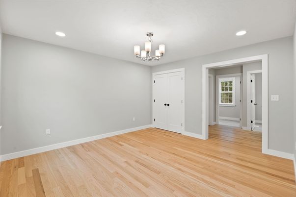 Chandelier, Empty room, Interior, Recessed Lighting, Wood Texture Flooring