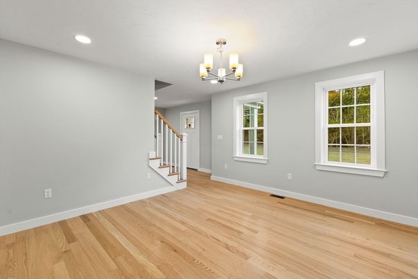 Chandelier, Empty room, Interior, Recessed Lighting, Wood Texture Flooring