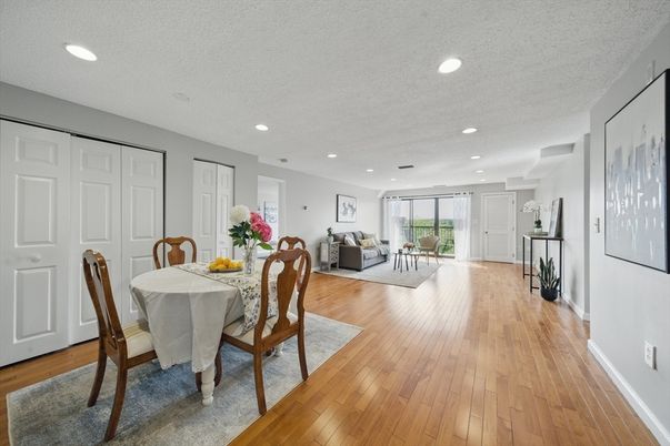 Dining room, Interior, Living room, Recessed Lighting, Wood Texture Flooring