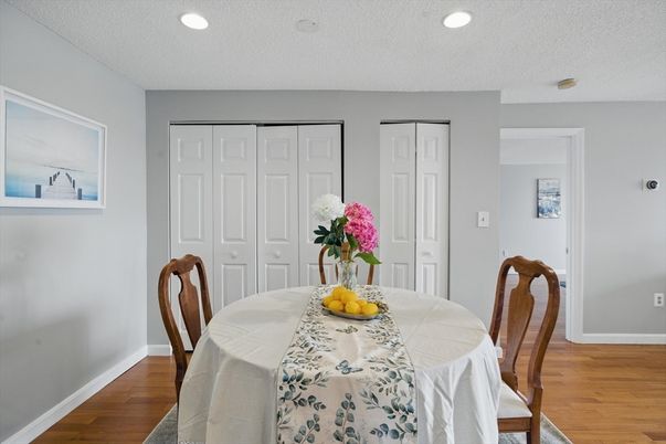 Dining room, Interior, Recessed Lighting, Wood Texture Flooring