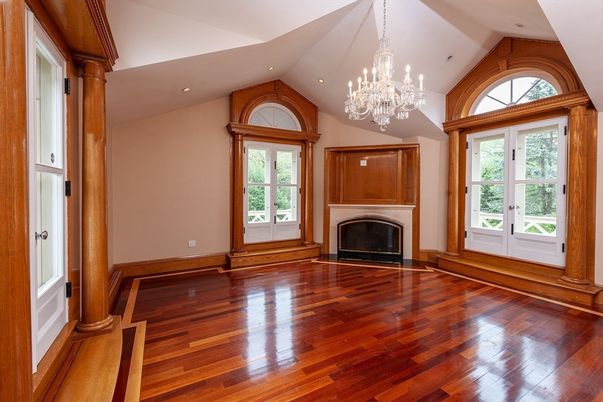 Chandelier, Empty room, Fireplace, Interior, Recessed Lighting, Wood Texture Flooring