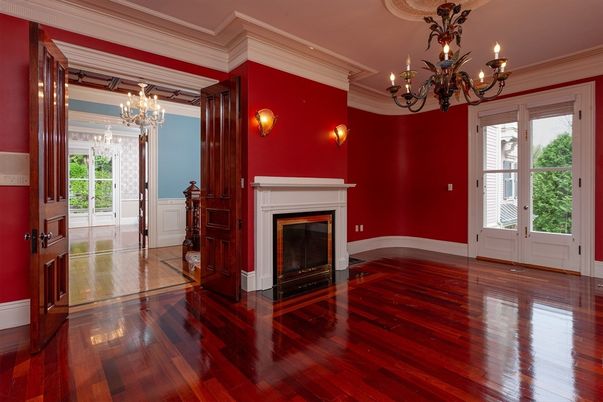 Chandelier, Empty room, Fireplace, Interior, Wood Texture Flooring