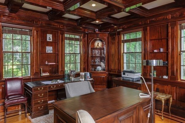 Home Office, Interior, Recessed Lighting, Wooden Beams, Wood Texture Flooring, Wooden Walls