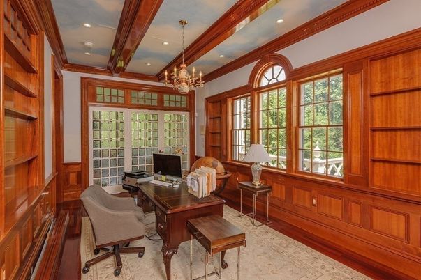 Chandelier, Home Office, Interior, Recessed Lighting, Wooden Beams, Wood Texture Flooring