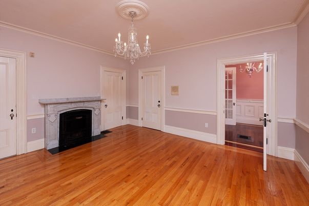 Chandelier, Empty room, Fireplace, Interior, Wood Texture Flooring