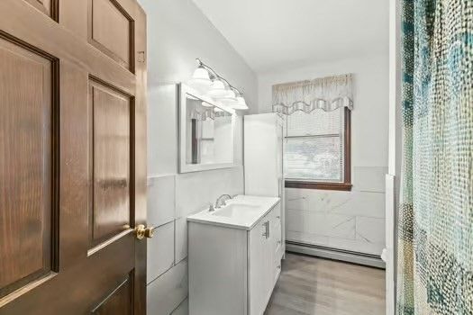 Bathroom, Interior, Marble Walls, Wood Texture Flooring