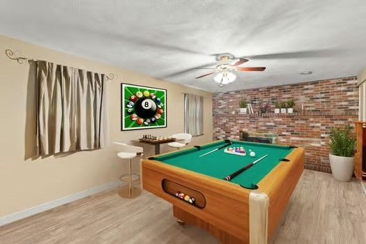 Billiard Table, Game Room, Interior, Stone Walls, Wood Texture Flooring