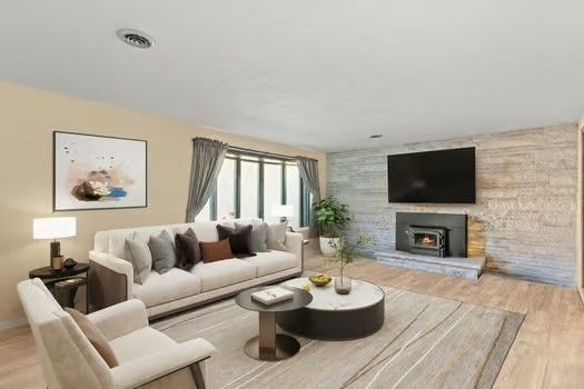 Fireplace, Interior, Living room, Stone Walls, Wood Texture Flooring