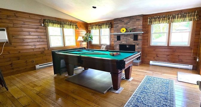 Billiard Table, Fireplace, Game Room, Interior, Stone Walls, Wood Texture Flooring, Wooden Walls