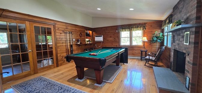 Billiard Table, Fireplace, Game Room, Interior, Recessed Lighting, Stone Walls, Wood Texture Flooring, Wooden Walls