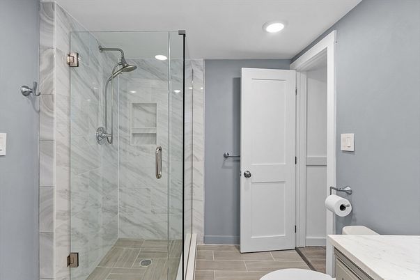 Bathroom, Glass Shower, Interior, Marble Walls, Recessed Lighting