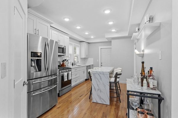 Interior, Kitchen, Recessed Lighting, Stainless Steel Appliances, Wood Texture Flooring