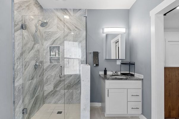 Bathroom, Glass Shower, Interior, Marble Walls