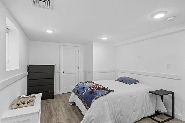 Bedroom, Interior, Recessed Lighting, Wood Texture Flooring
