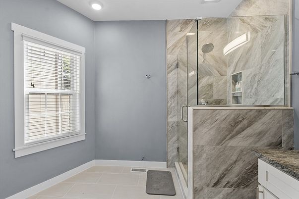 Bathroom, Glass Shower, Interior, Marble Walls, Recessed Lighting