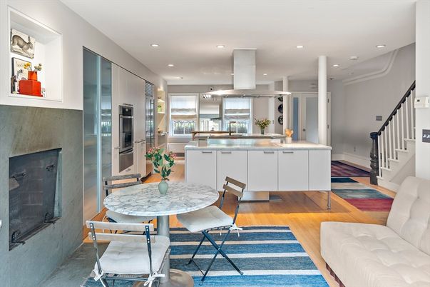 Dining room, Interior, Kitchen, Recessed Lighting, Stainless Steel Appliances, Wood Texture Flooring