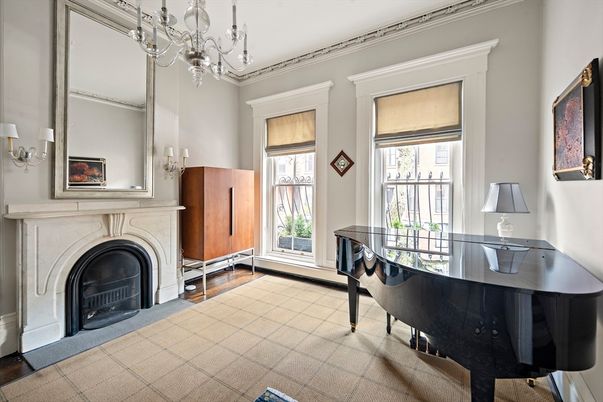 Chandelier, Fireplace, Interior, Piano, Wood Texture Flooring