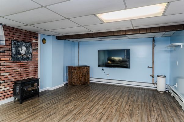 Empty room, Fireplace, Interior, Stone Walls, Wood Texture Flooring