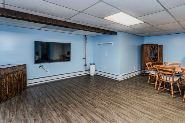Dining room, Interior, Recessed Lighting, Wood Texture Flooring