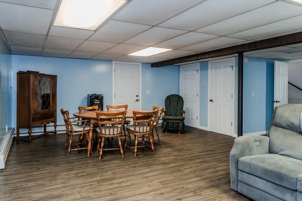 Dining room, Interior, Recessed Lighting, Wood Texture Flooring