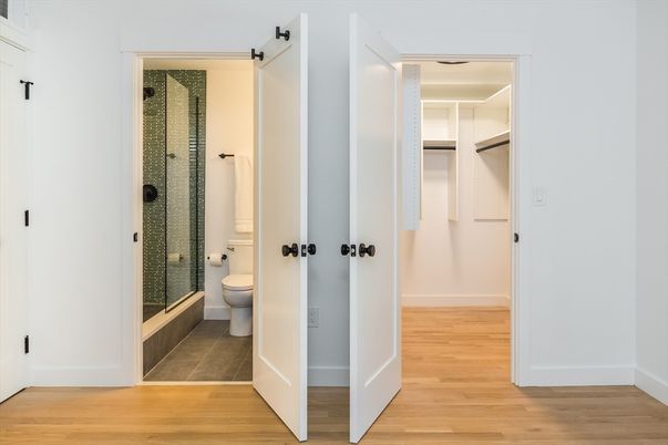 Bathroom, Glass Shower, Interior, Wood Texture Flooring
