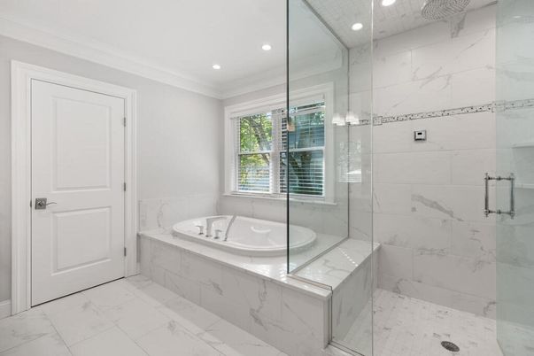 Bathroom, Glass Shower, Interior, Marble, Marble Walls, Recessed Lighting