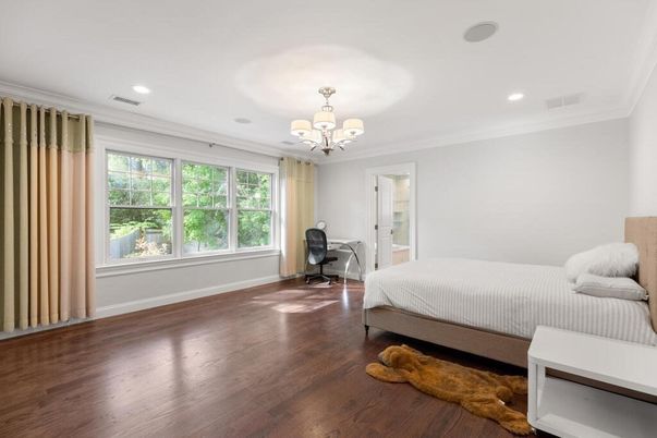 Bedroom, Chandelier, Home Office, Interior, Recessed Lighting, Wood Texture Flooring