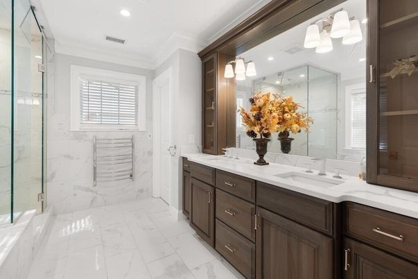 Bathroom, Dual Sink Vanities, Glass Shower, Interior, Marble, Marble Walls, Recessed Lighting