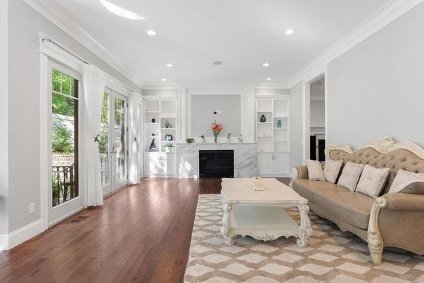 Fireplace, Interior, Living room, Recessed Lighting, Wood Texture Flooring