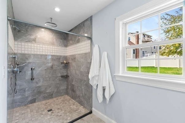 Bathroom, Glass Shower, Interior, Marble Walls, Recessed Lighting