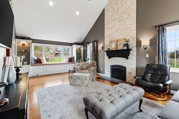 Fireplace, Interior, Living room, Recessed Lighting, Stone Walls, Wood Texture Flooring