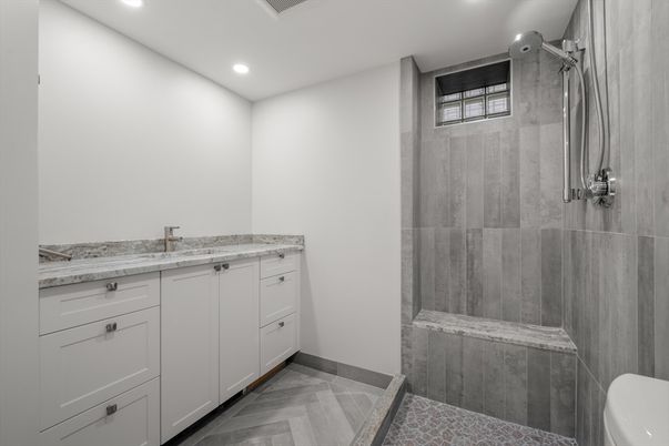 Bathroom, Glass Shower, Interior, Recessed Lighting, Wood Texture Flooring