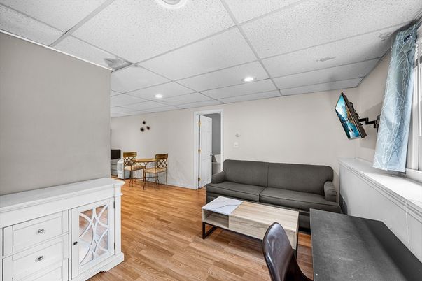 Dining room, Interior, Living room, Recessed Lighting, Wood Texture Flooring
