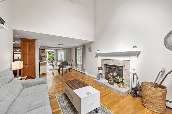 Dining room, Fireplace, Interior, Living room, Wood Texture Flooring