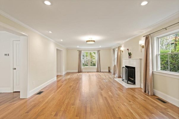 Empty room, Fireplace, Interior, Recessed Lighting, Wood Texture Flooring