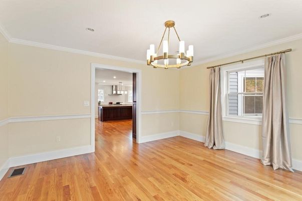Empty room, Interior, Kitchen, Pendant Lights, Recessed Lighting, Wood Texture Flooring