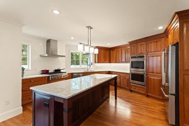 Interior, Kitchen, Pendant Lights, Recessed Lighting, Stainless Steel Appliances, Wood Texture Flooring