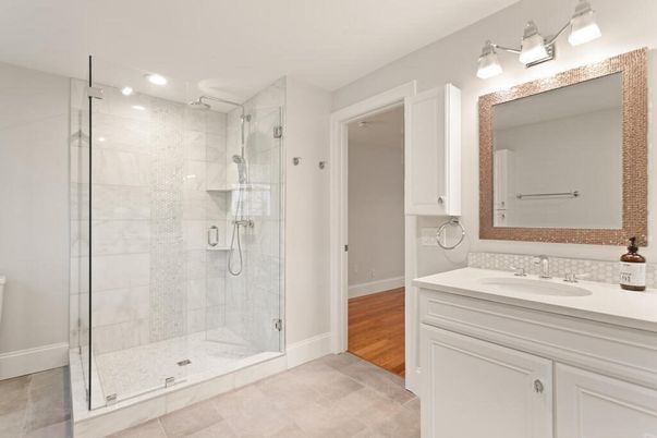 Bathroom, Glass Shower, Interior, Recessed Lighting, Wood Texture Flooring