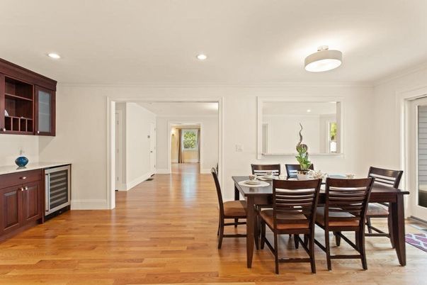 Dining room, Interior, Recessed Lighting, Wood Texture Flooring