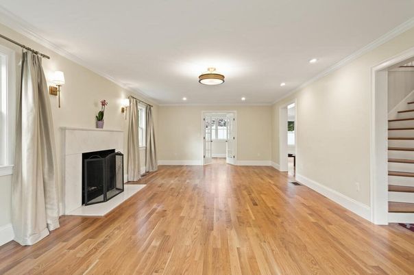 Empty room, Fireplace, Interior, Recessed Lighting, Wood Texture Flooring