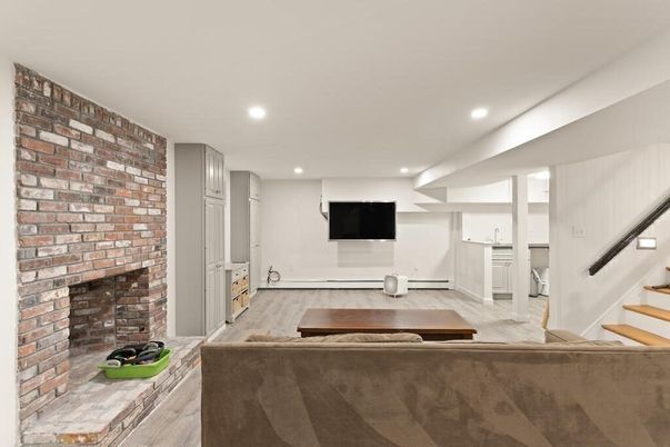 Fireplace, Interior, Recessed Lighting, Stone Walls, Wood Texture Flooring