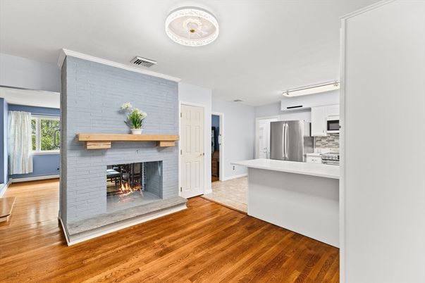 Fireplace, Interior, Kitchen, Stainless Steel Appliances, Wood Texture Flooring