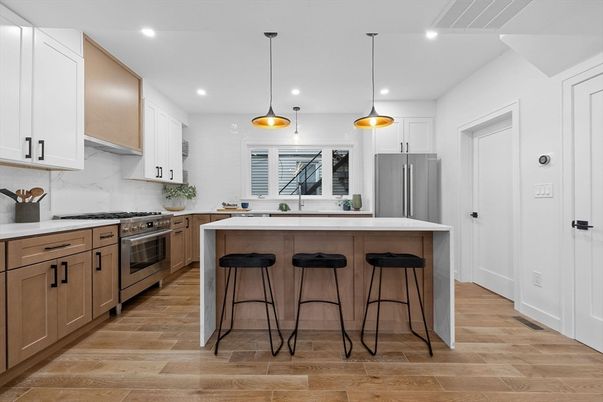 Interior, Kitchen, Pendant Lights, Recessed Lighting, Stainless Steel Appliances, Wood Texture Flooring