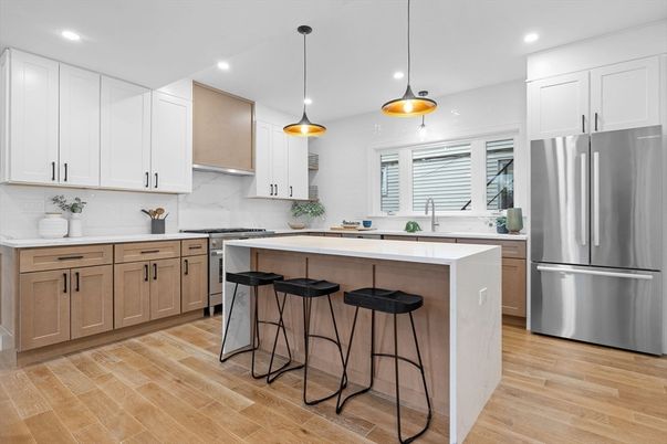 Interior, Kitchen, Pendant Lights, Recessed Lighting, Stainless Steel Appliances, Wood Texture Flooring