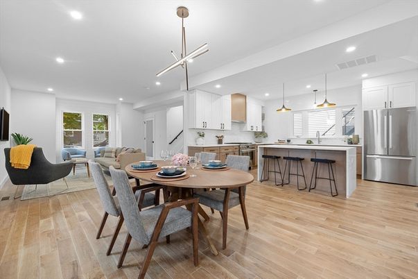 Dining room, Interior, Kitchen, Living room, Pendant Lights, Recessed Lighting, Stainless Steel Appliances, Wood Texture Flooring