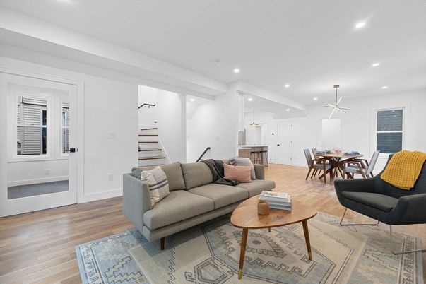 Dining room, Interior, Living room, Pendant Lights, Recessed Lighting, Wood Texture Flooring