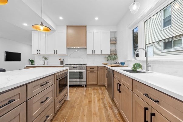 Interior, Kitchen, Pendant Lights, Recessed Lighting, Stainless Steel Appliances, Wood Texture Flooring