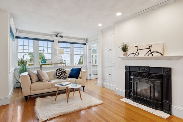 Fireplace, Interior, Living room, Recessed Lighting, Wood Texture Flooring